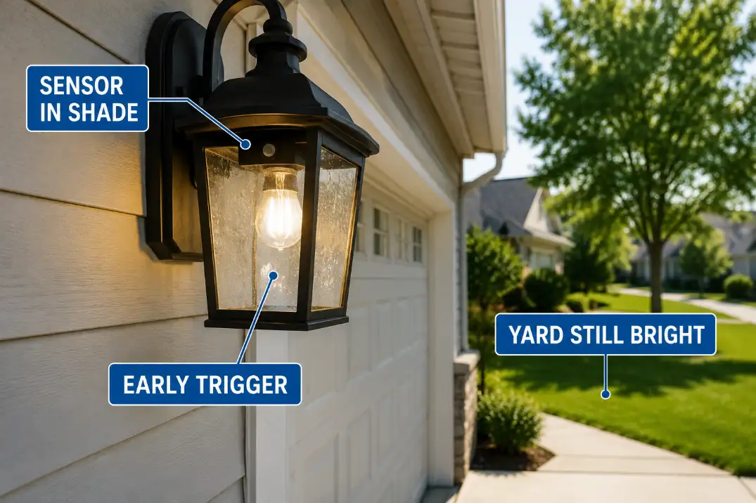 Photocell sensor shaded by fixture trim while the nearby yard is still bright, causing an early outdoor light trigger.