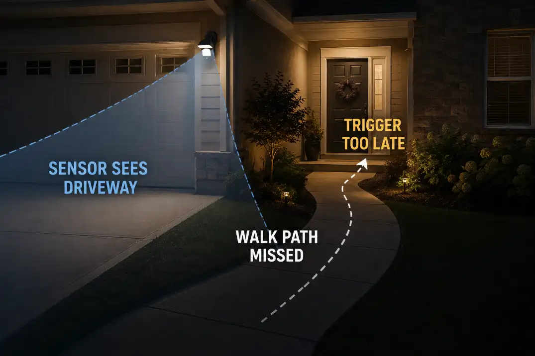Motion light sensor zone aimed across the driveway while the front walk path stays outside detection.