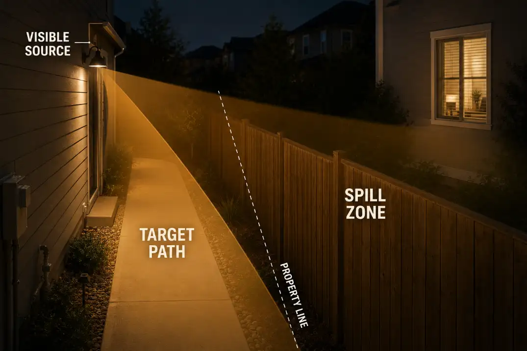 Outdoor wall light spilling past a narrow side walkway across the property line toward a neighbor-facing window.