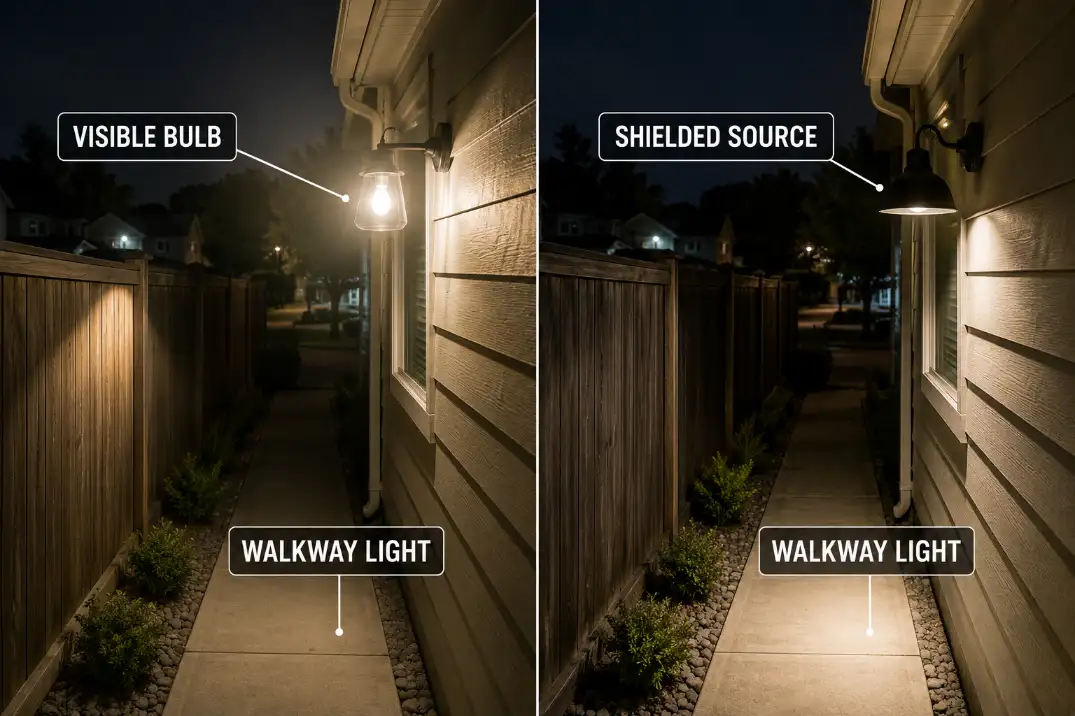 Comparison of an exposed outdoor bulb causing side glare and a shielded down-facing fixture lighting only the walkway.