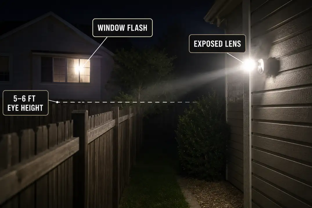 Motion sensor security light with exposed lens visible from a shared fence and flashing toward a neighbor bedroom window.