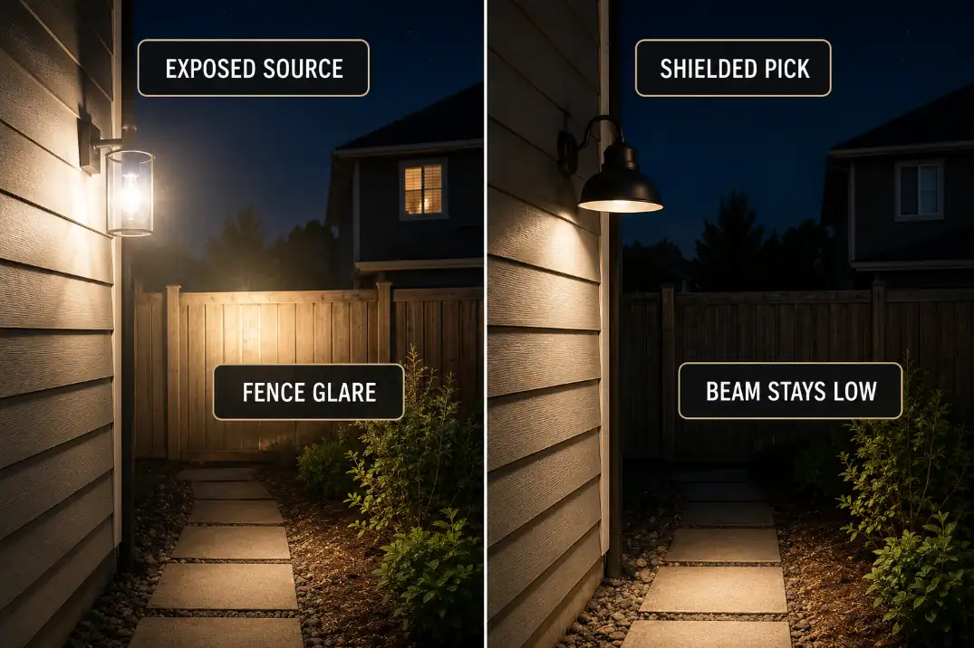 Comparison of an exposed outdoor wall light creating fence glare versus a shielded fixture keeping the beam low.
