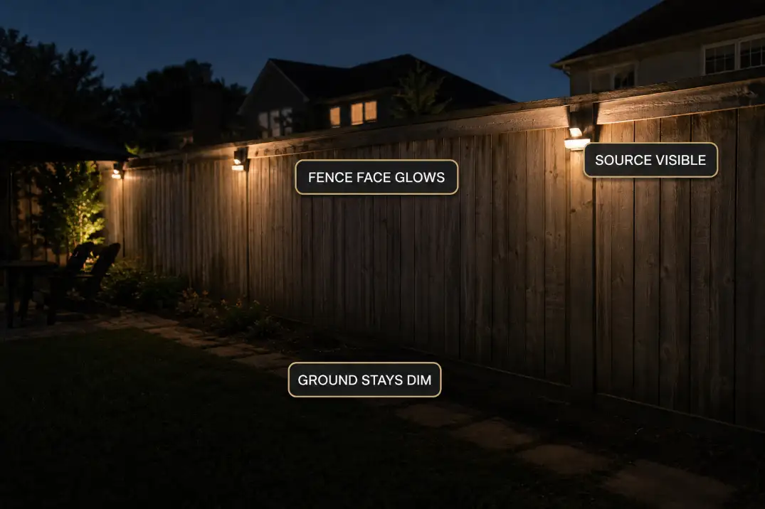 Wood fence lights creating upward glow and visible glare while the ground below stays dim.
