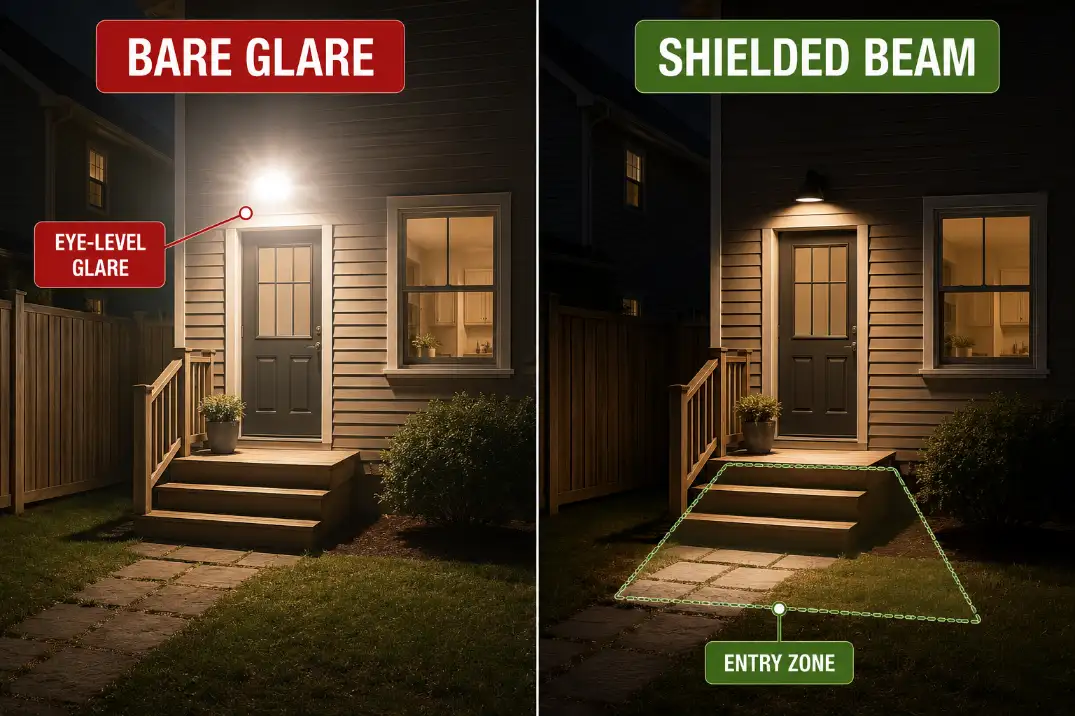 Comparison of a bare outdoor security light causing glare and a shielded low-glare fixture lighting a back entry.