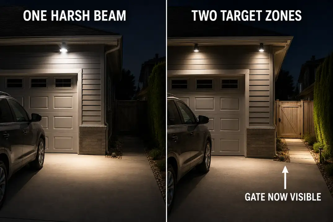 Side-view diagram showing a floodlight aimed too flat across a driveway compared with a corrected downward beam lighting the walk zone.
