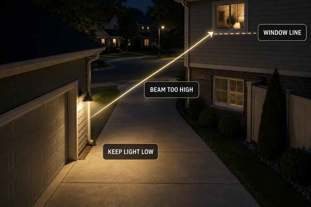 Diagram showing shared driveway light rising into a neighboring window line instead of staying low on the pavement.