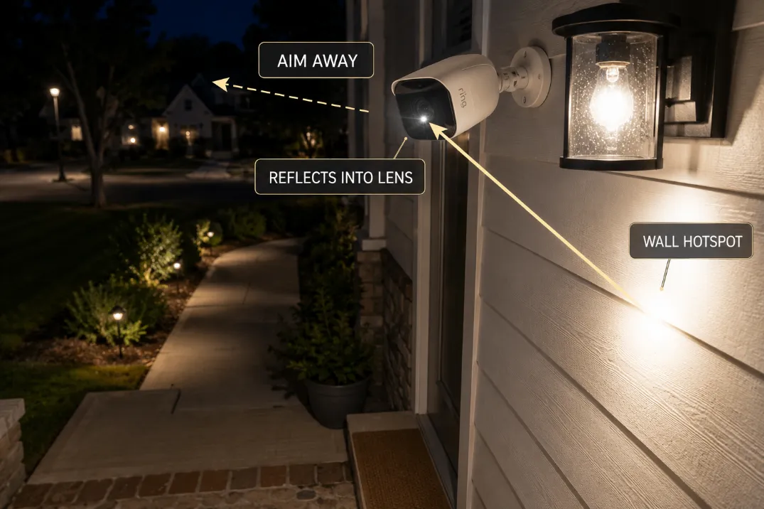 Diagram showing an outdoor wall light reflecting off pale siding into a security camera lens and causing glare.