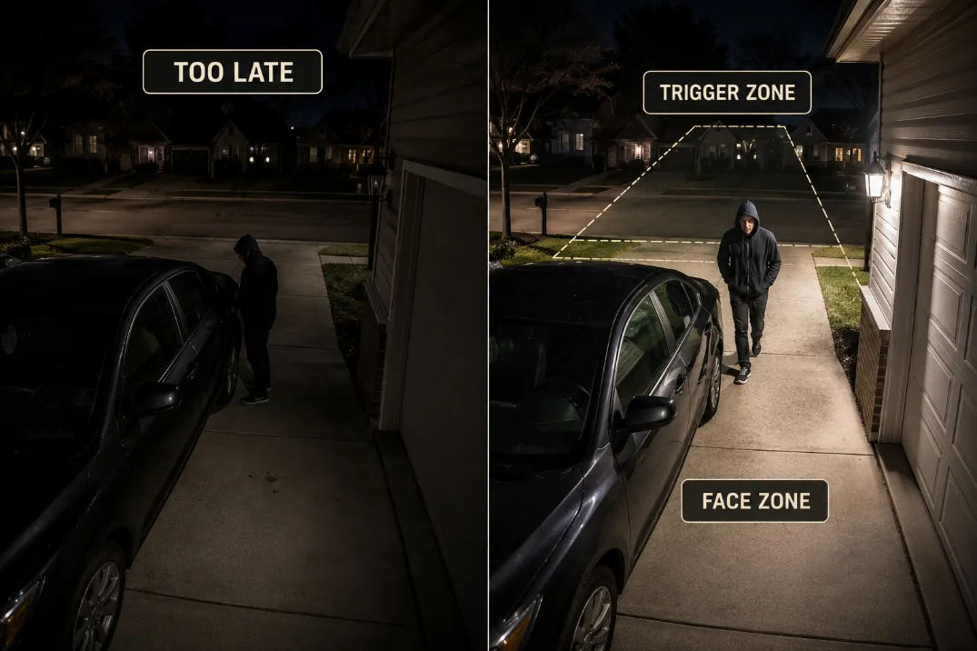 Driveway security camera comparison showing a late motion light trigger versus an earlier trigger zone before the person reaches the car.
