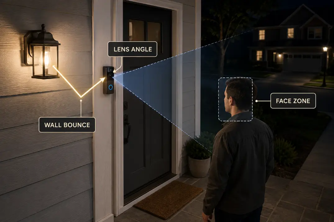 Diagram showing porch light bouncing off the wall into a doorbell camera lens before the visitor face zone is exposed correctly.