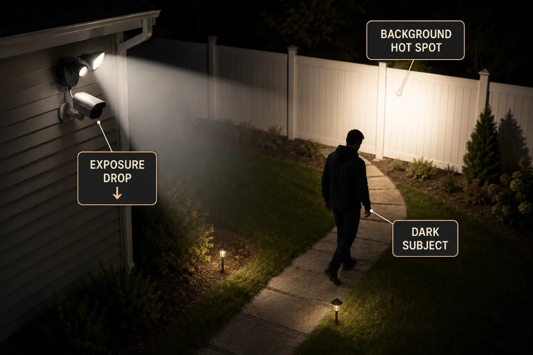 Diagram showing a wide floodlight beam hitting the background behind a person and causing a security camera exposure problem.