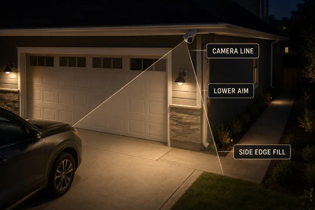 Diagram showing a garage camera view with lower light aim and side edge fill to reduce door glare and improve driveway visibility.