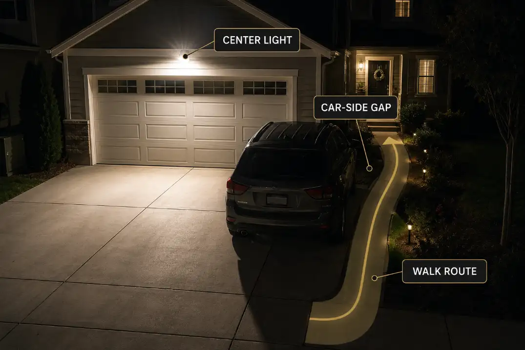 Driveway lighting overlay showing the center slab lit while the real walking route beside a parked SUV remains partly dark.