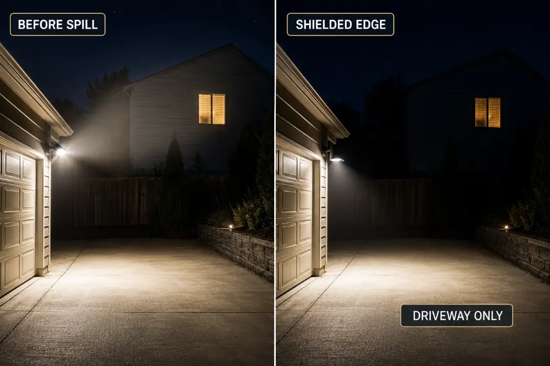 Before and after driveway floodlight adjustment showing a shielded beam staying on the driveway instead of hitting a neighbor window.