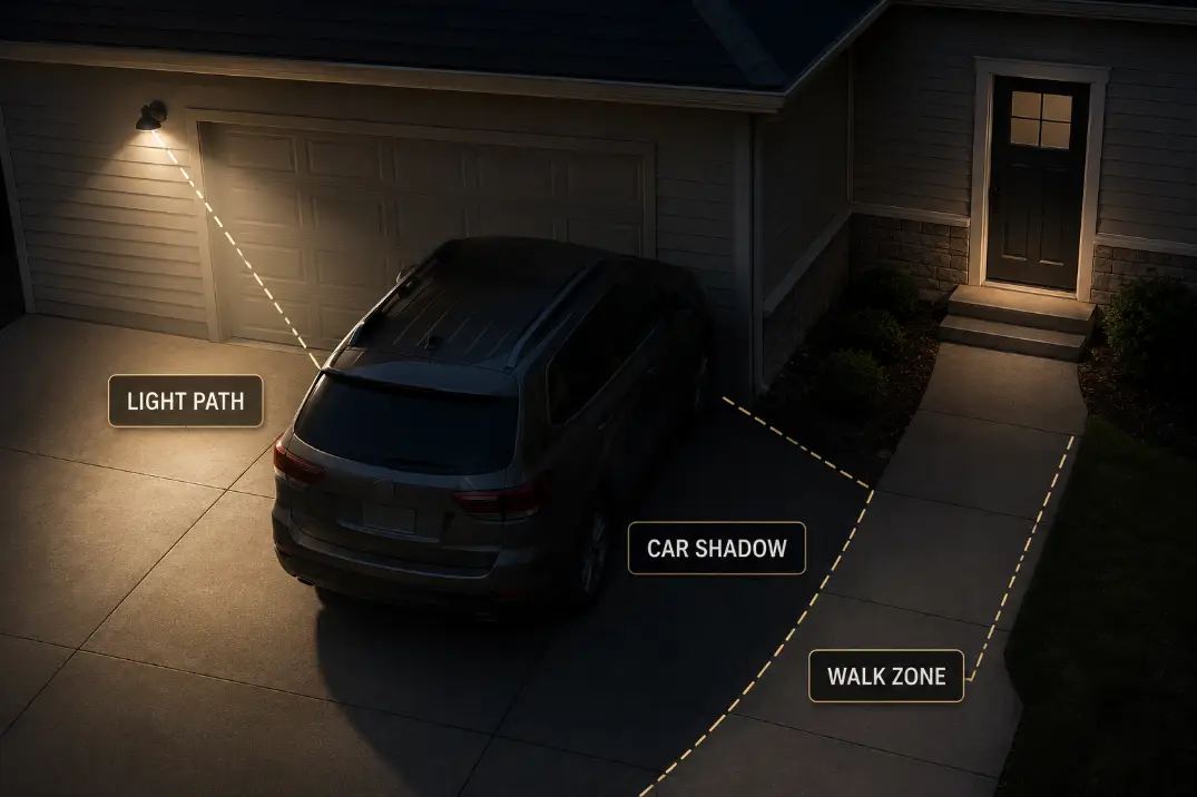 Diagram showing a parked SUV blocking garage light and creating a shadow across the driveway walking zone.
