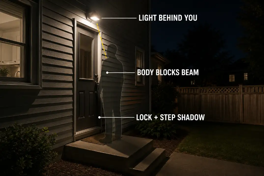 Back door lighting overlay showing how a light behind the user lets the body block the beam and shadow the lock and step.