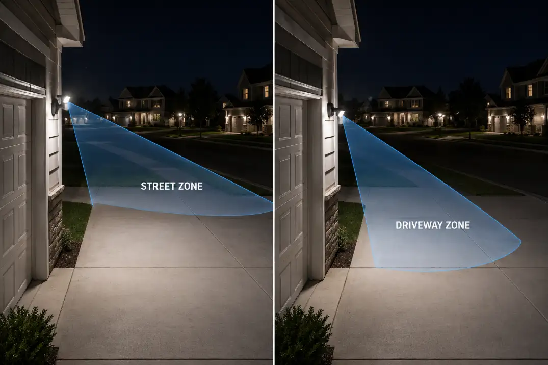 Comparison of a driveway motion light sensor aimed toward the street versus angled lower into the driveway zone.