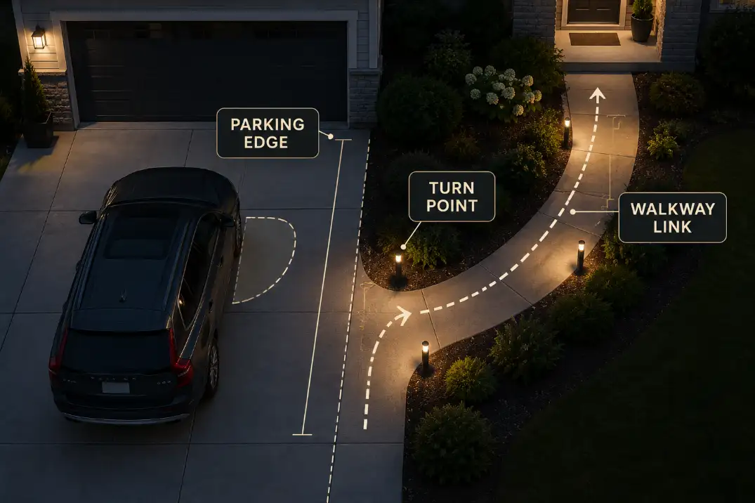 Overhead driveway lighting diagram showing parking edge, turn point, and walkway link as one readable route.