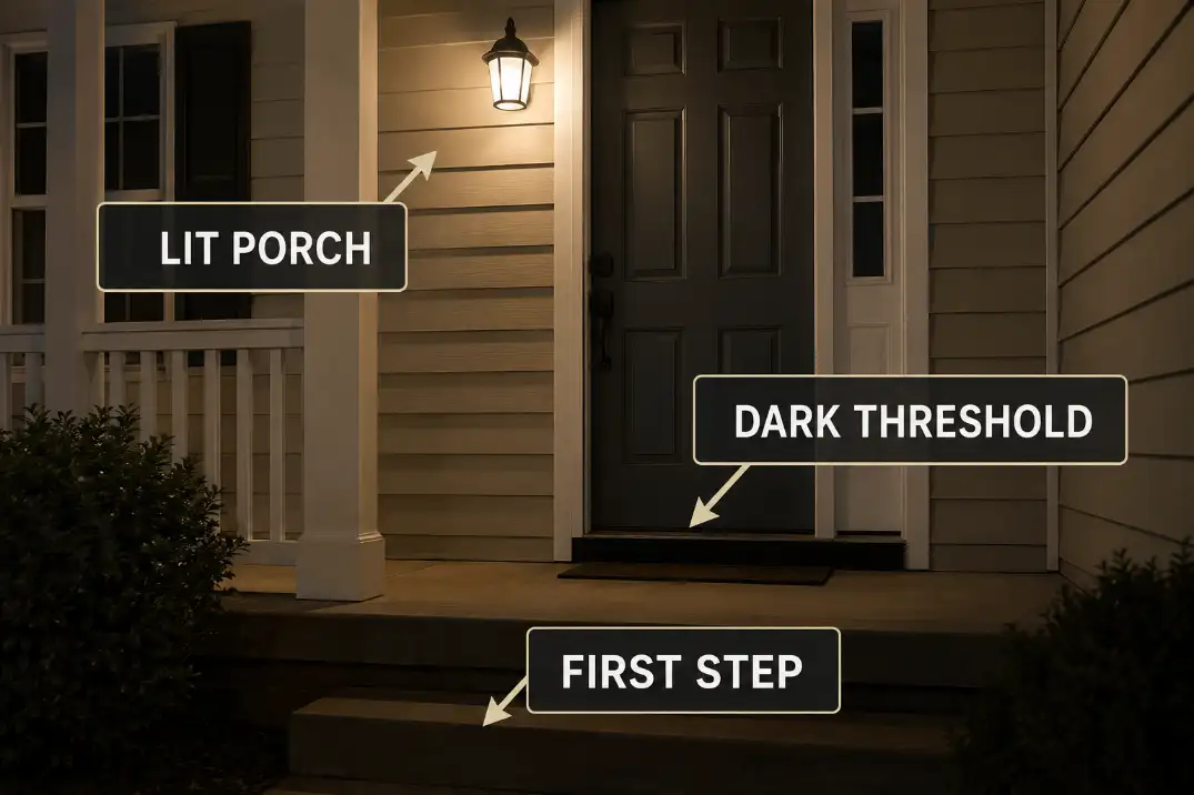 Front porch light on at night while the doorway threshold and first step remain dark and hard to read.