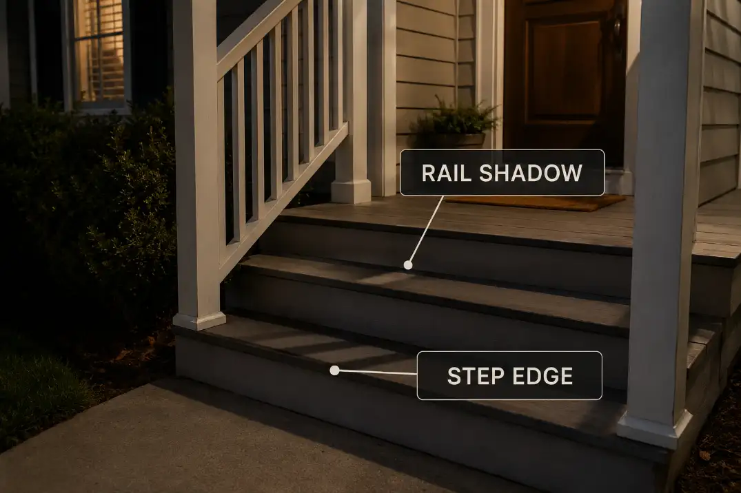Porch railing shadow cutting across a step edge and making the walking line harder to read at night.