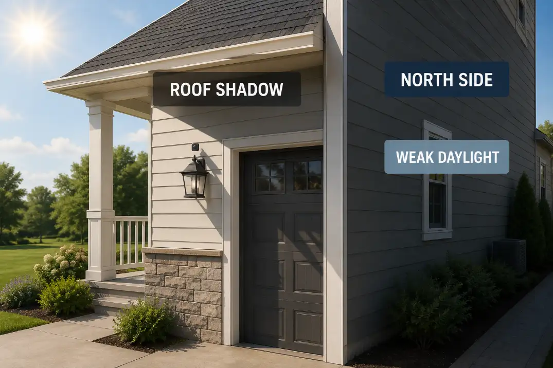 Simple diagram showing porch roof shadow and north-side mounting reducing daylight exposure at an outdoor photocell.
