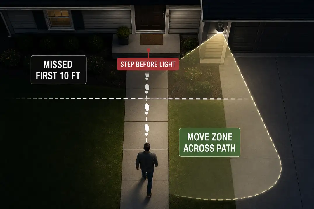Overhead diagram showing a motion light detection zone starting too late and missing the first 10 feet of the walkway.