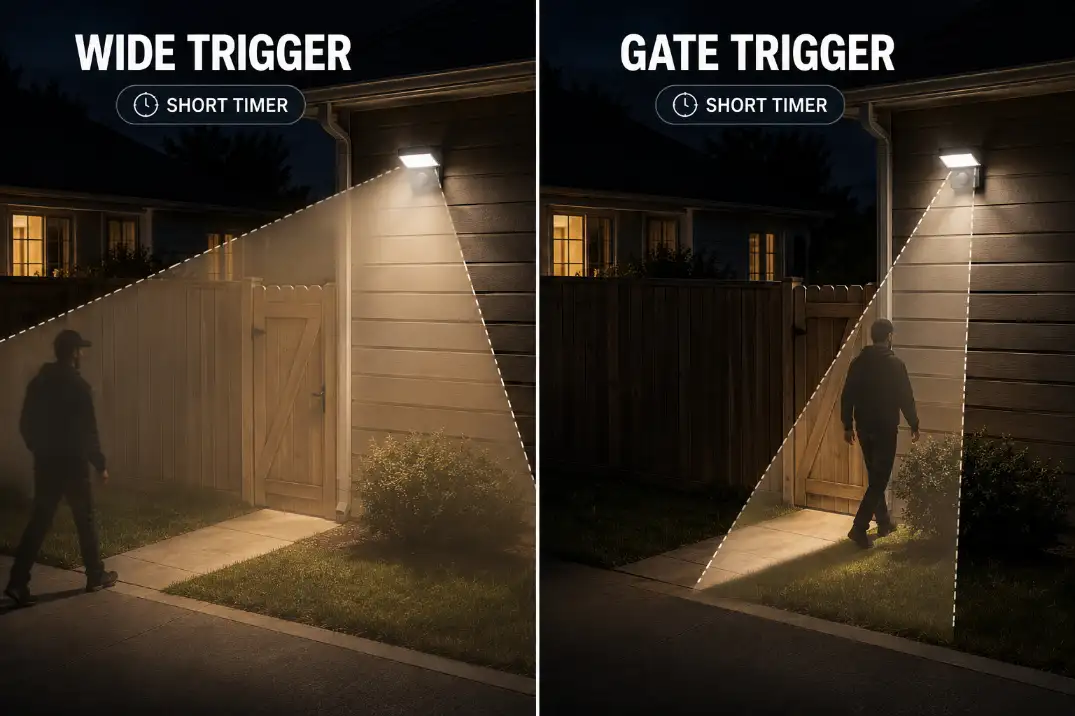Comparison of a wide motion sensor zone triggering toward neighbors versus a narrow gate-focused trigger zone.