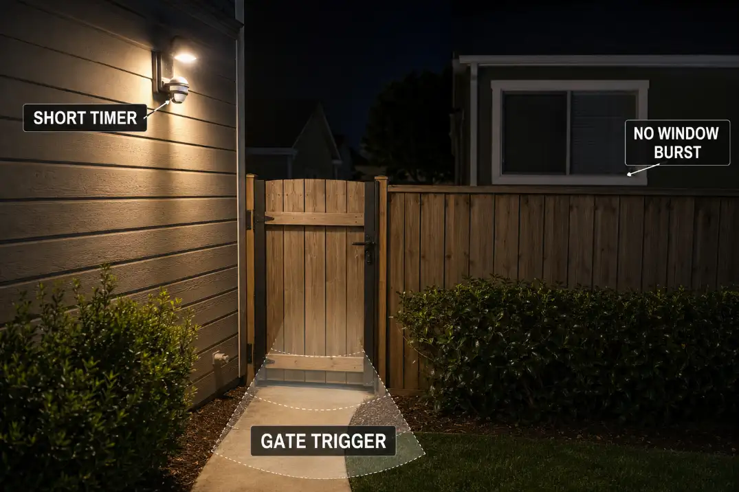 Motion sensor light with a narrow gate trigger zone that avoids repeated light bursts toward a neighbor window.