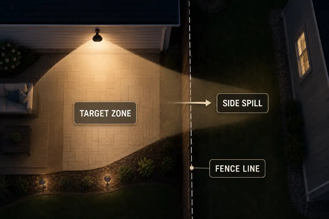 Overhead diagram showing side spill from a backyard light crossing the fence line toward a neighbor-side window.