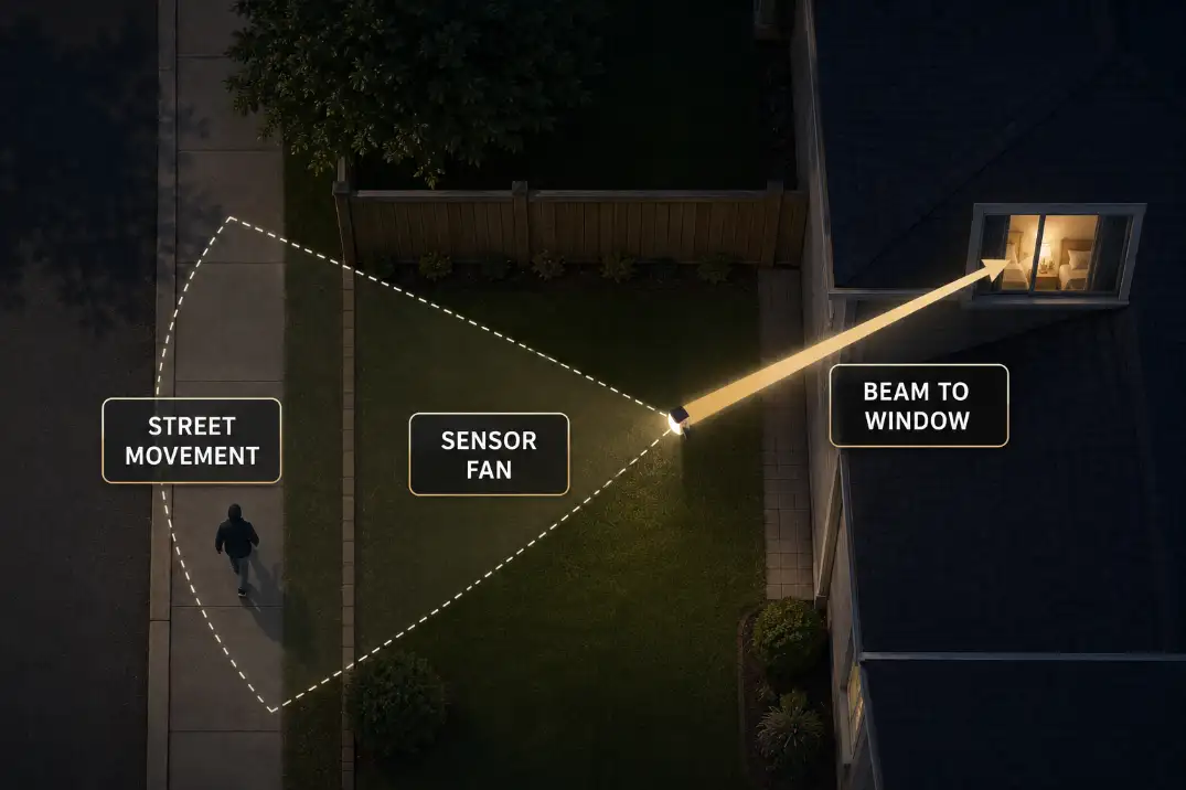 Top-view diagram showing a motion sensor detecting street movement and triggering a light beam toward a neighbor bedroom window.