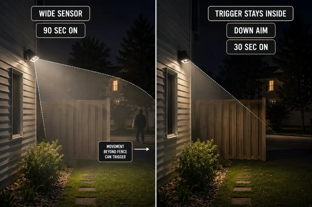 Comparison of a wide motion sensor light triggering beyond a fence versus a controlled motion light aimed down with shorter on-time.