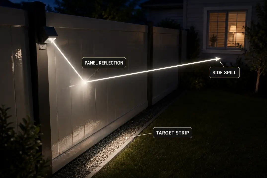 Diagram showing fence light reflecting off a glossy panel and spilling sideways toward a neighbor window.