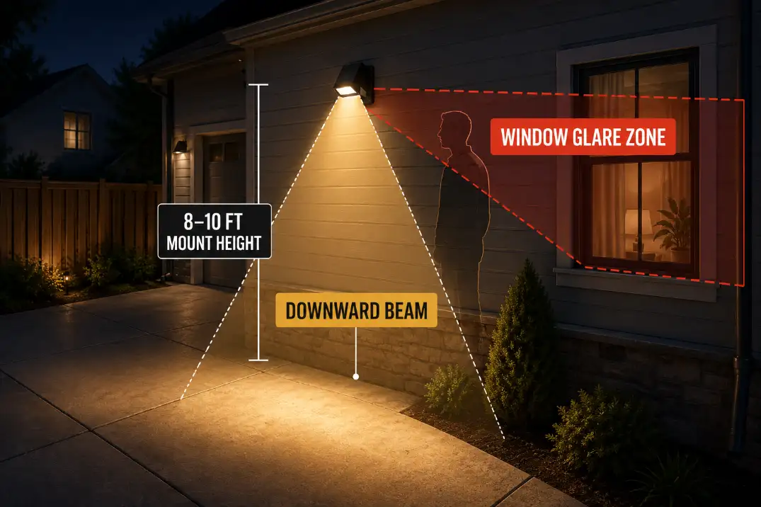 Diagram showing a shielded outdoor security light mounted 8 to 10 feet high and aimed downward to avoid window glare.