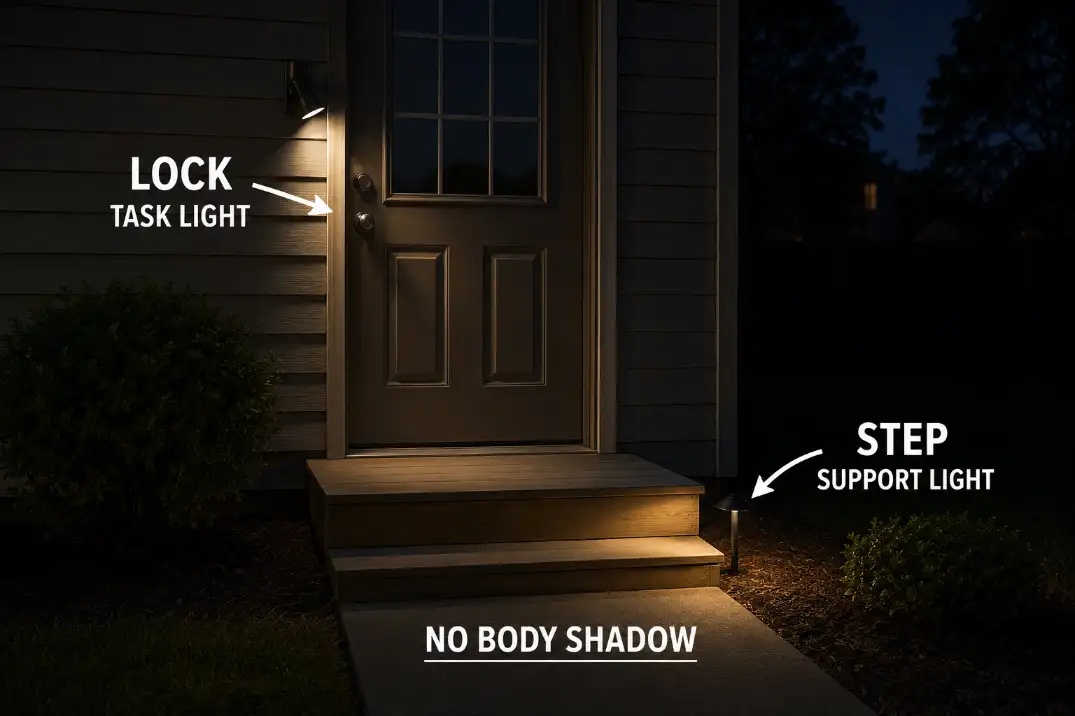 Back door lighting setup with a side task light for the lock and a low support light revealing the step edge without body shadow.