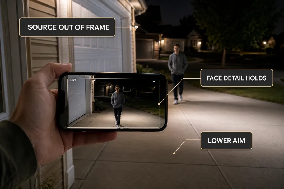 Security camera live preview showing an outdoor motion light aimed low and outside the camera frame so face detail stays readable.