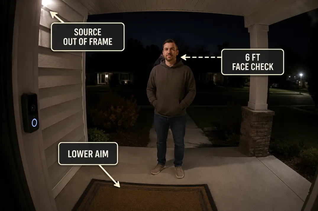 Doorbell camera preview showing a shielded porch light aimed lower while a visitor’s face remains readable from six feet away.