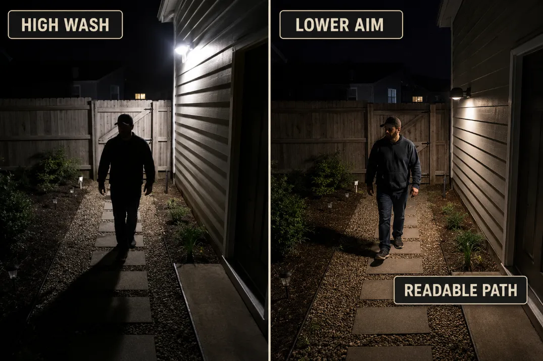 Before and after view of the same backyard floodlight adjusted lower so security camera footage shows a readable person on the path.