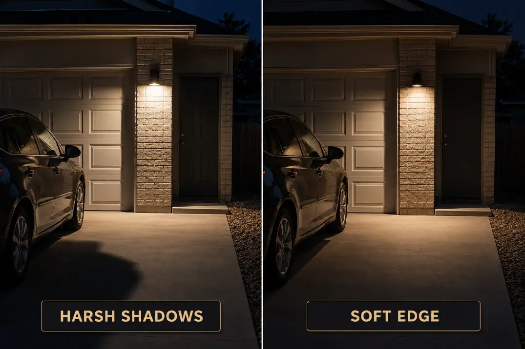 Comparison of harsh garage light shadows versus softer balanced garage edge lighting around a parked car and side entry.