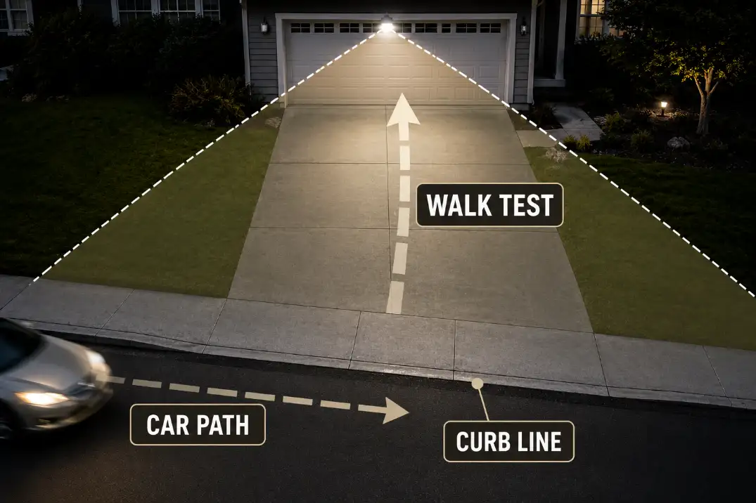 Driveway motion light trigger test diagram showing car path outside the sensor zone and walk test inside the driveway.