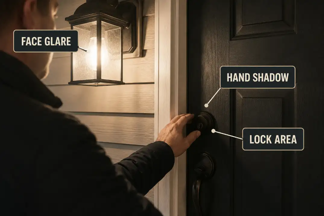 Front door light causing face glare and hand shadow over the lock area while someone reaches for the deadbolt.