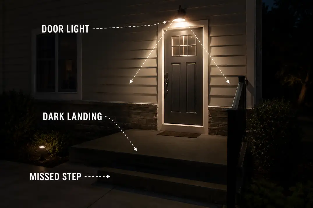 Diagram-style porch scene showing an over-door light illuminating the door while missing the landing and step.