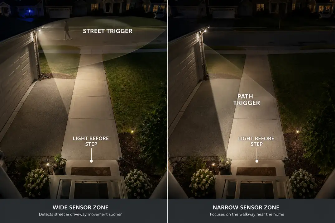 Comparison of a motion light sensor aimed toward street movement versus a better angled zone that triggers before the walkway step.