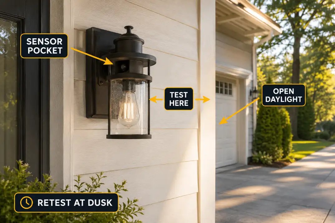 Daylight placement test comparing a shaded photocell pocket with open daylight before retesting at dusk.