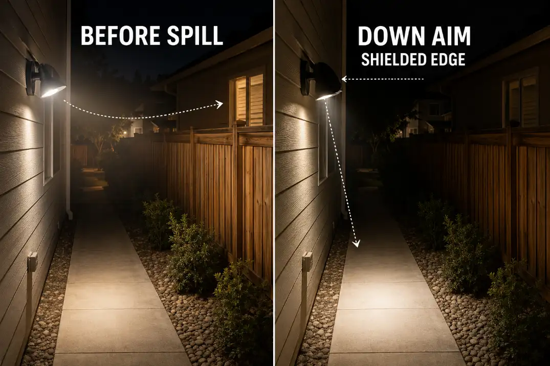 Before and after outdoor wall light correction showing glare spill reduced with downward aim and side shielding.