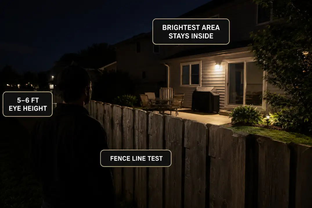 Boundary check from a shared fence line showing whether a backyard light lens and brightest beam stay inside the yard.