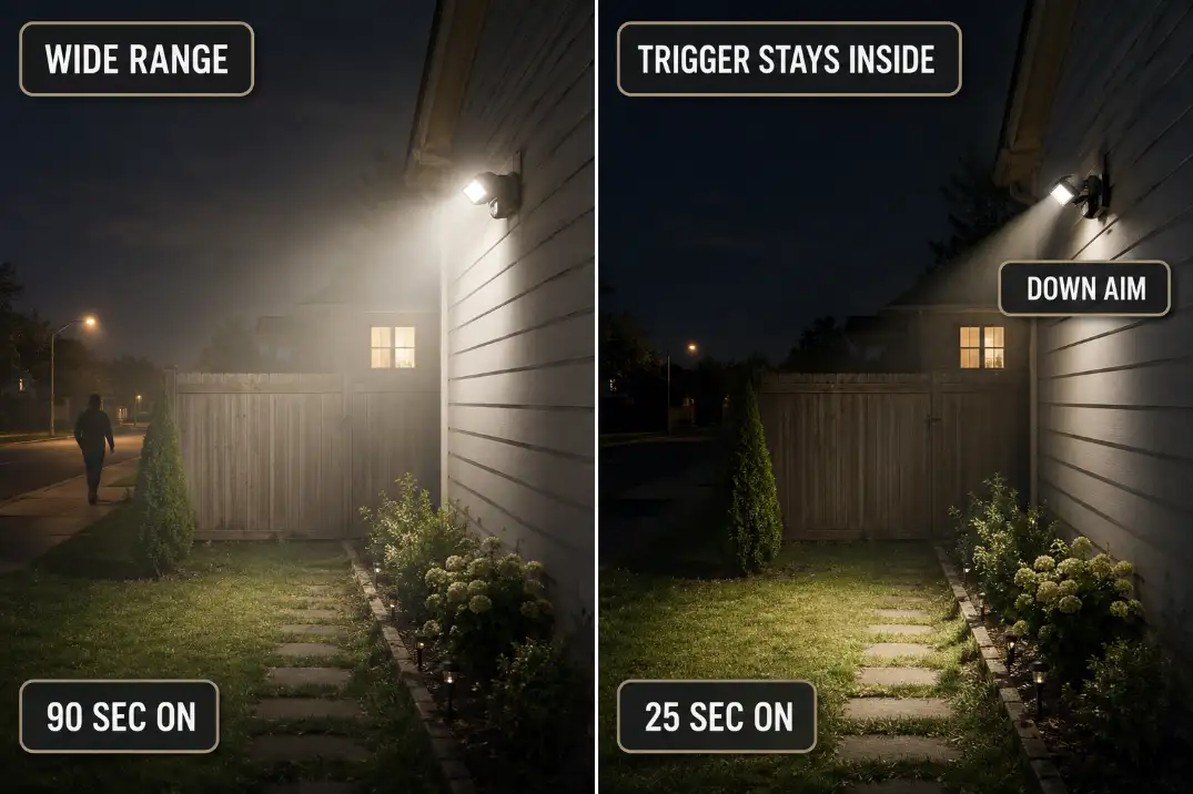 Comparison of a wide-range motion sensor light staying on too long versus a downward aimed shorter-trigger setup that keeps detection inside the yard.
