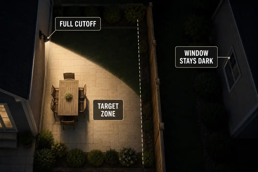 Diagram showing a full-cutoff outdoor light keeping its beam inside the target zone before a shared fence and neighbor window.