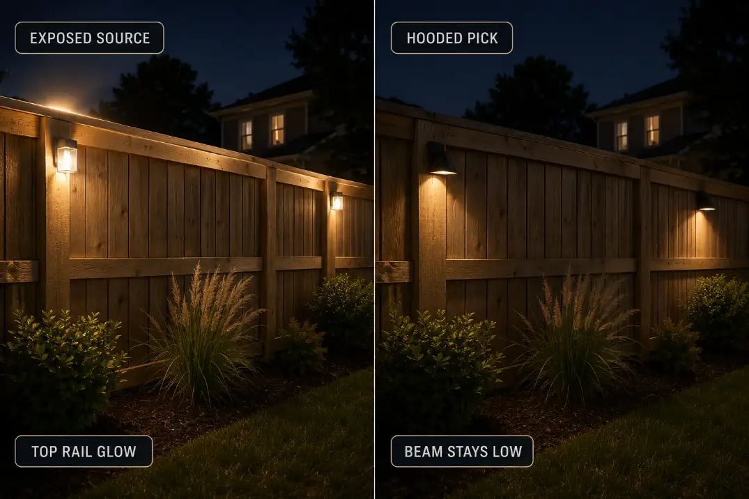 Comparison of exposed fence lights creating top rail glow versus hooded downward fence lights keeping the beam low.