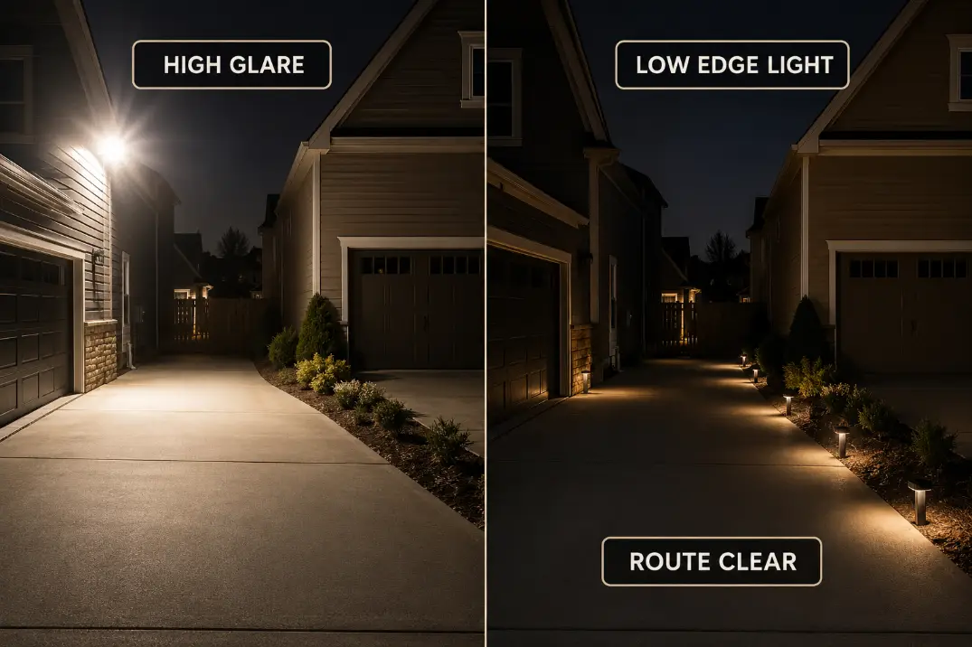 Comparison of a high glare wall fixture and low shielded boundary lights along a shared driveway edge.