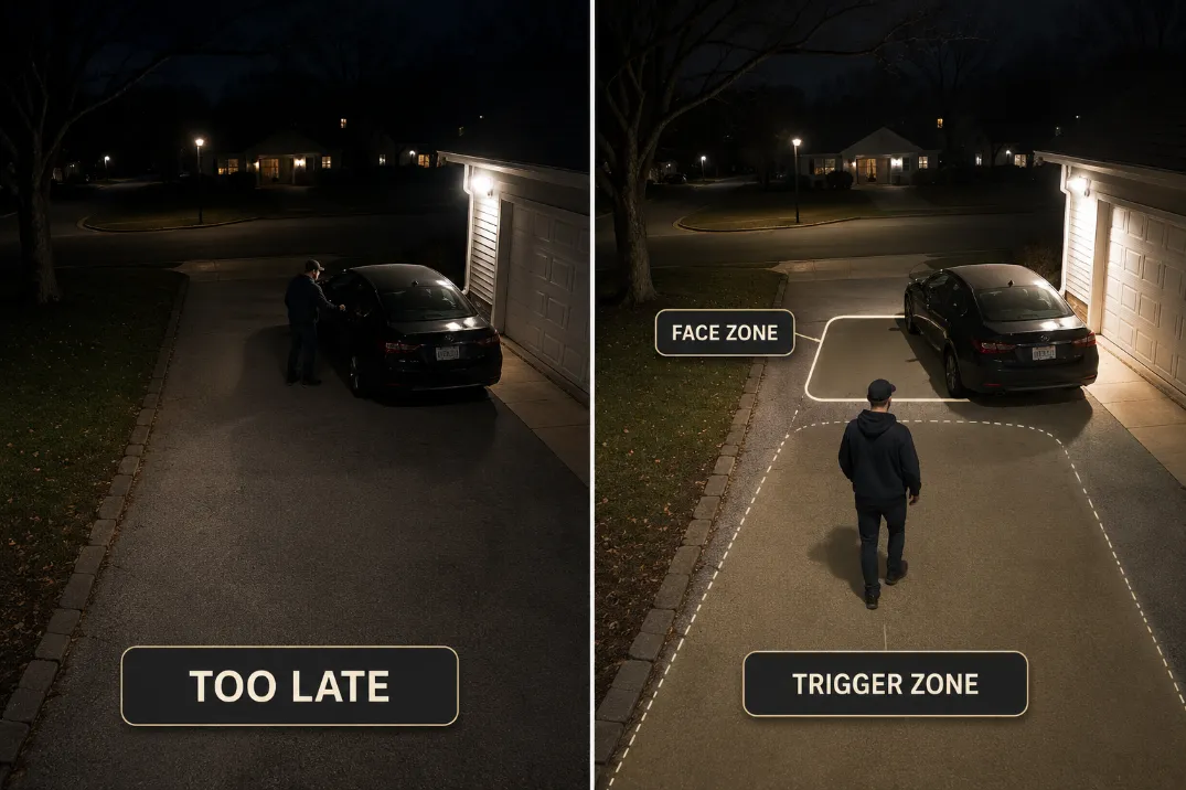 Comparison showing a motion security light triggering too late beside a car versus an earlier trigger zone that helps the camera capture a face.
