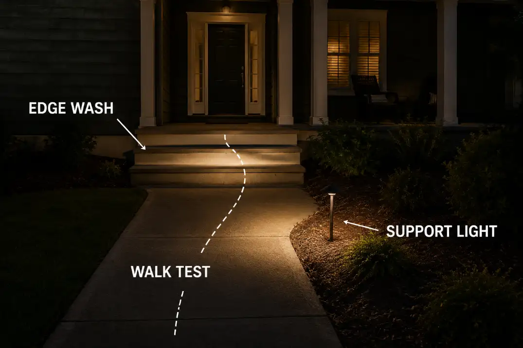 Support path light washing across a porch step edge so the walking line is visible during a night test.